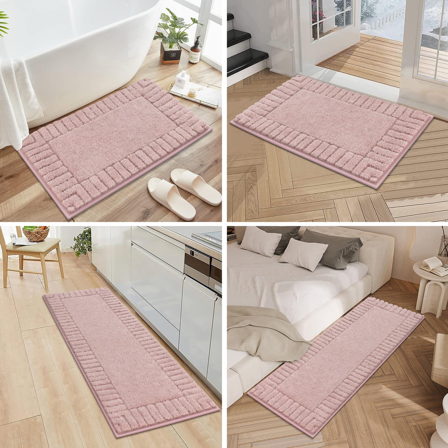 Pauwer Bathroom Rugs Sets 3 Piece Bathroom Shower Rugs with U-Shaped Contour Toilet Mat Absorbent Microfiber Plush Bath Mats Non Slip Bath Rug Machine Washable Shaggy Bath Mat Set, Dusty Pink