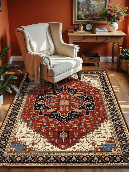 Macgace 4x6 Orange Red Area Rug for Living Room, Machine Washable Rugs with Non-Slip Backing for Bedroom, Vintage Medallion Carpet Kitchen Laundry Kids Room Decor