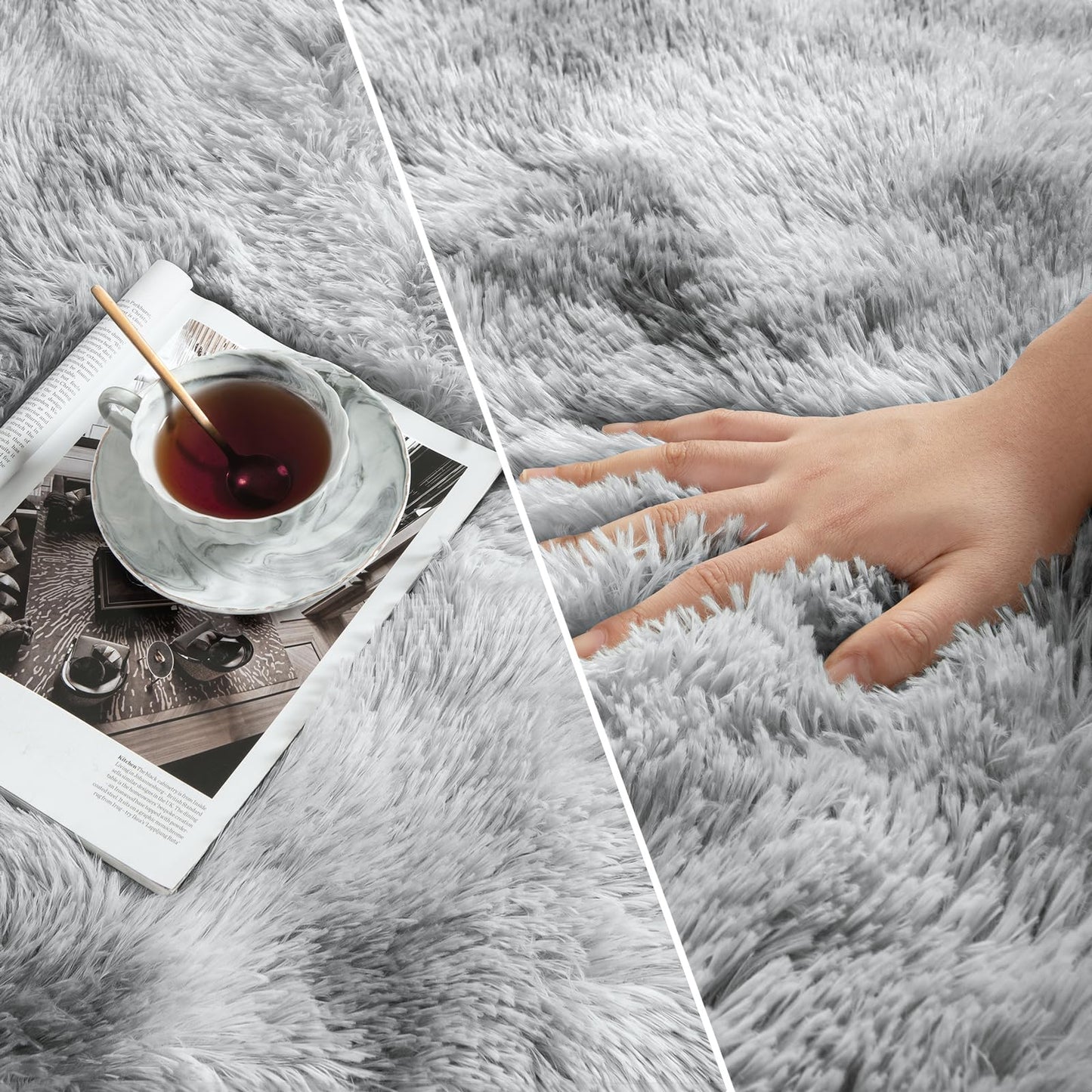 Deerhoo Large Shag Area Rugs 5 x 8, Tie-Dyed Plush Fuzzy Rugs for Living Room, Ultra Soft Fluffy Furry Rug for Bedroom, Indoor Carpet Nursery Rugs for Kids Room Home Decor, Light Grey