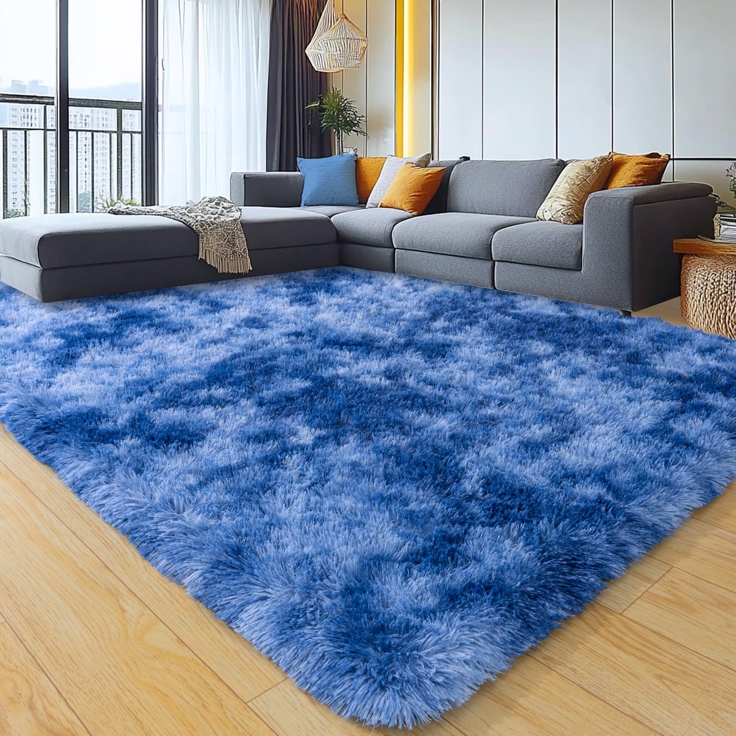 plumlik 8x10 Large Area Rugs for Living Room, Tie-Dyed Blue Fluffy Shag Rug for Bedroom and Nursery, Soft and Comfy, Big Carpet for Kids, Girls, Boys Room Dorm Home Decor Aesthetic, Upgrade Non Slip
