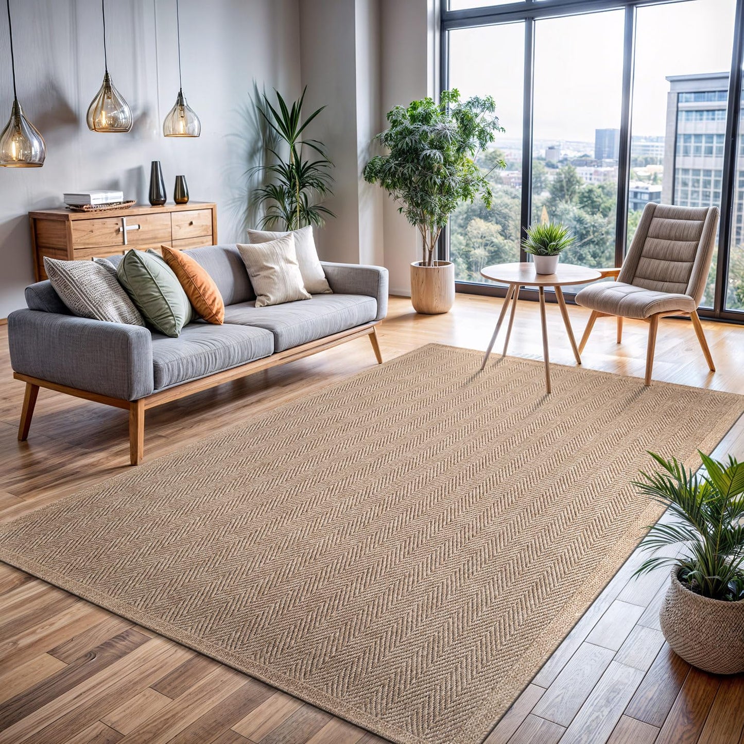CAMILSON Easy Jute Rug 9x12, Indoor Outdoor Natural Color Fiber Area Rugs for Living Room and Patio Rug Herringbone Seagrass Boho Woven Design Easy-Cleaning Washable Outside Carpet Alfombras 9 x 12