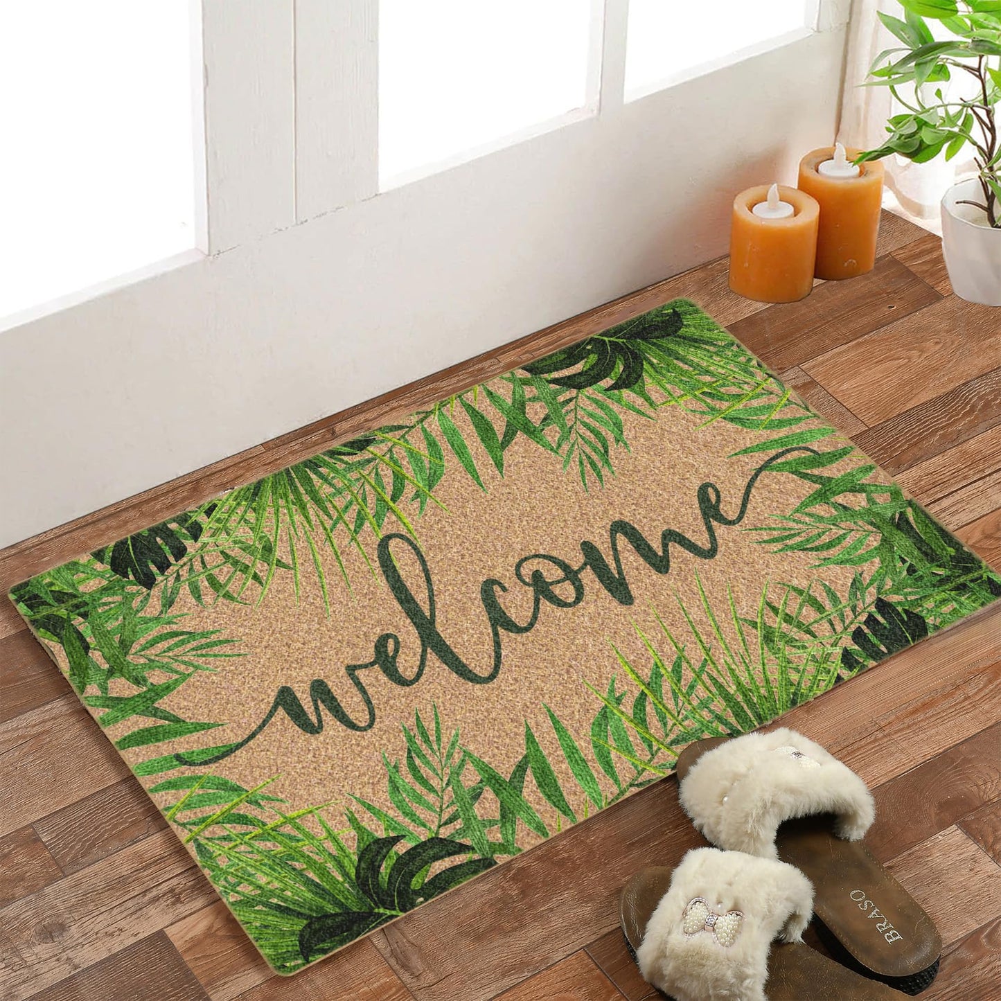 BitKAM Tropical Green Botanical Coco Coir Doormat Door Welcome Mat for Home Entrance Front Door, Summer Fern Monstera Leaf Welcome Floor Mats for Outdoor Outside Entryway 30x17 Inch