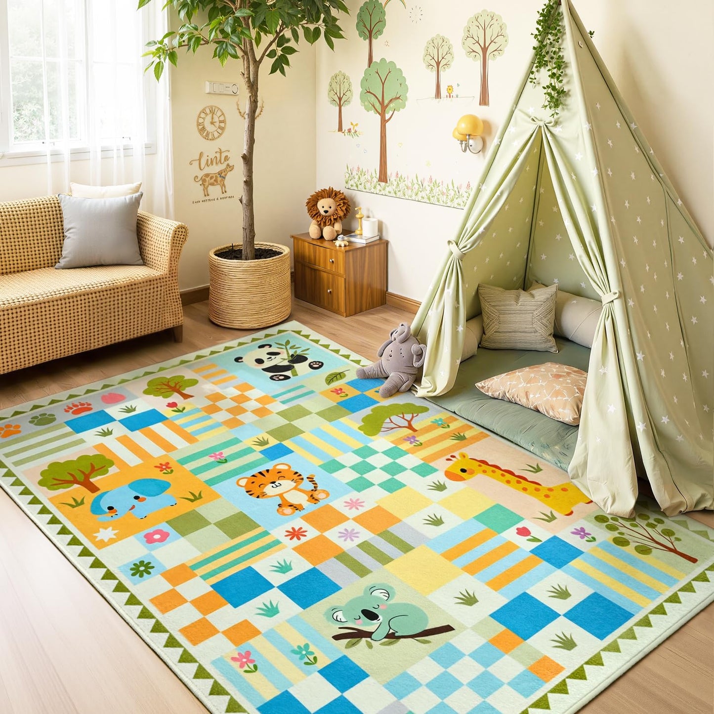 4x6 Washable Kid Playroom Rug, Unisex Green Safari Jungle Woodland Animal Toddler Carpet, Soft Non-Slip Baby Nursery Area Rug with Cute Colorful Checkered Design for Boy Bedroom