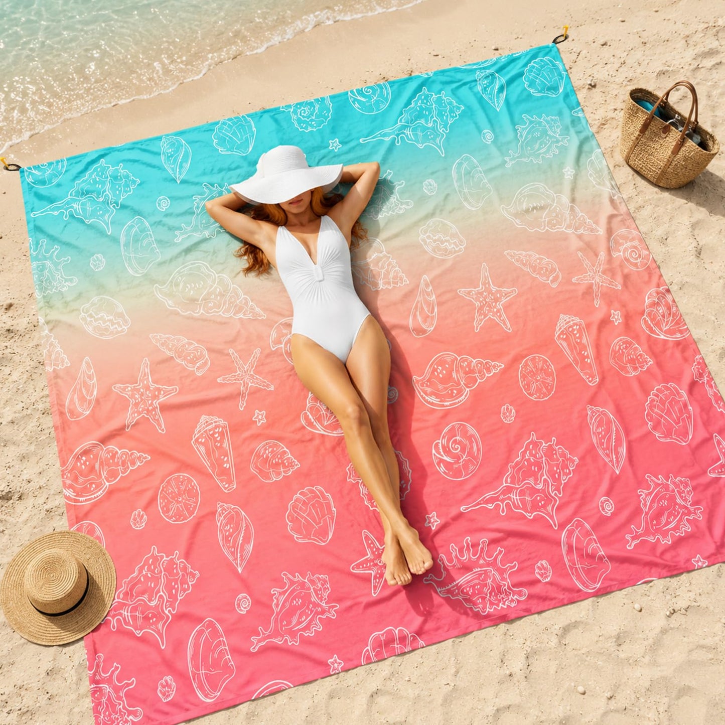 Beach Blanket Waterproof Sandproof 8 X 7 Ft Beach Mat 3–4 Adults Extra Large Outdoor Picnic Mat with Stakes & Travel Bag Foldable Beaches Essentials for Summer Outdoor Picnic Camp (Seashell Starfish)