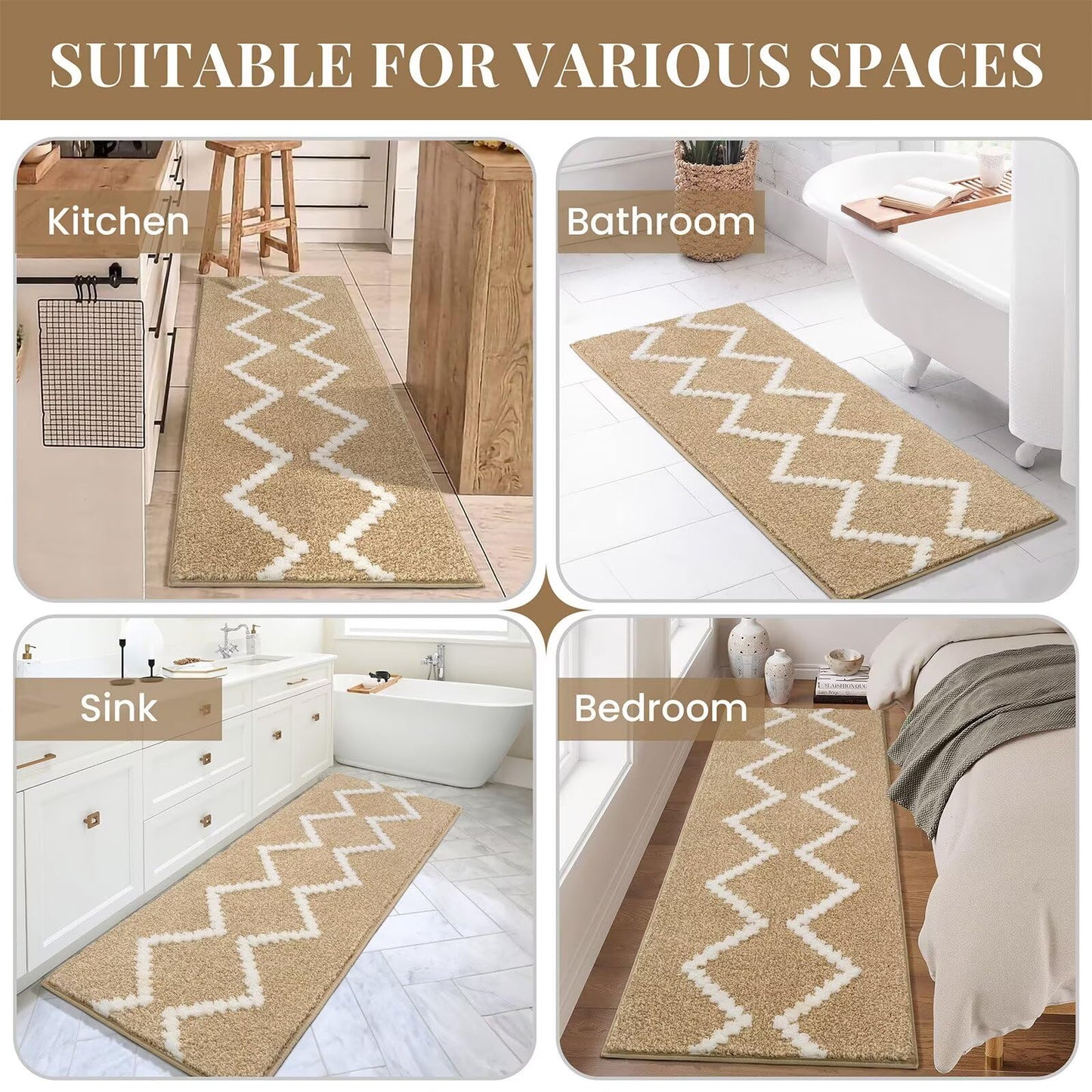 DEXDE Bathroom Rug 60"x24" Beige Non-Slip Washable Absorbent Bath Runner