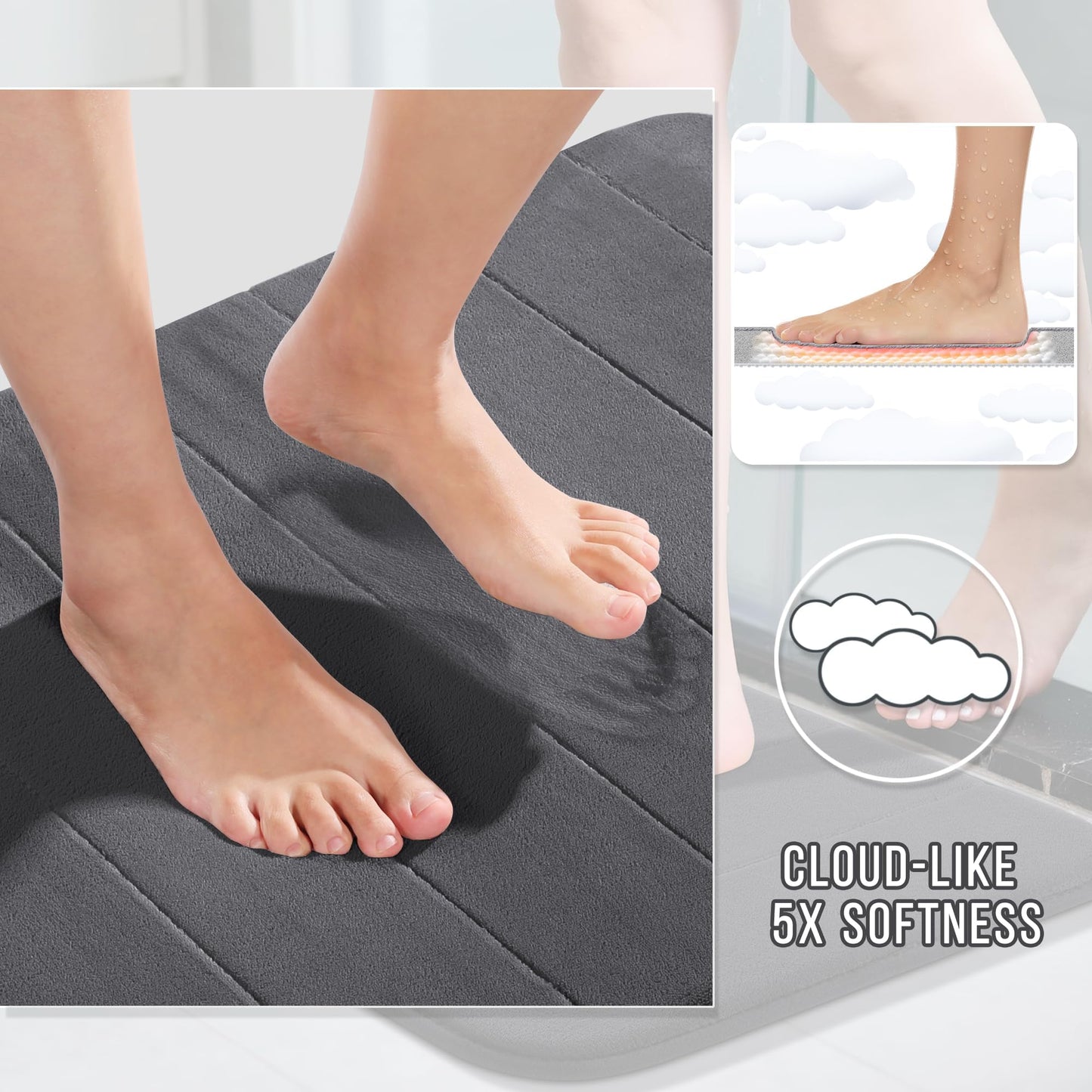 Yimobra 3 Pieces Memory Foam Bath Mat Set with U-Shaped Toilet Rug - Non Slip Super Soft Absorbent Quick Dry Bathroom Rugs for Bathtub, Vanity & Toilet Base, Dark Gray