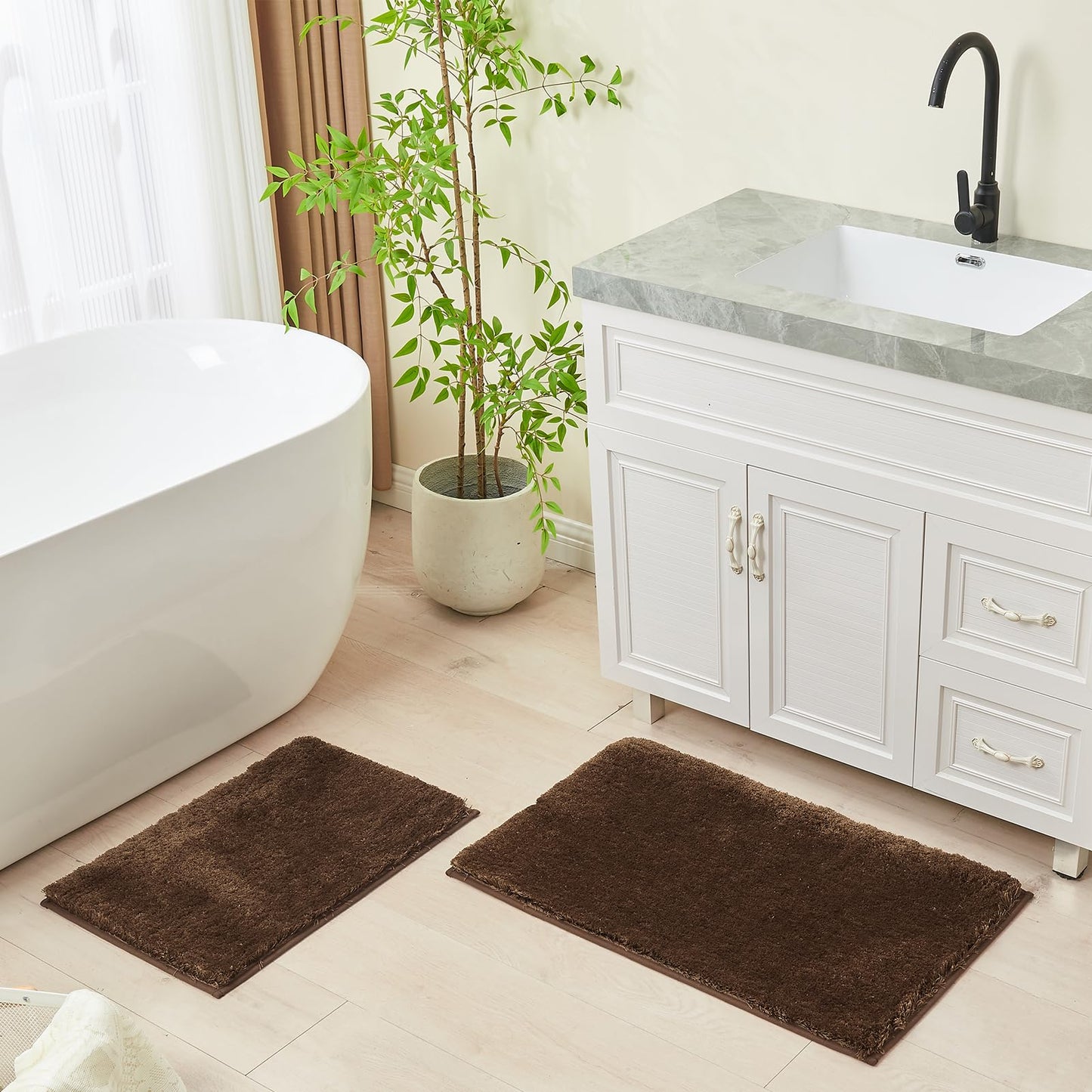 CozeCube Upgraded Shaggy Bath mat for Bathroom Non Slip 15.7" X 23.6", Super Soft Quick Dry Bath Rugs, Fluffy Plush Bathroom Rugs Machine Washable, Dark Brown
