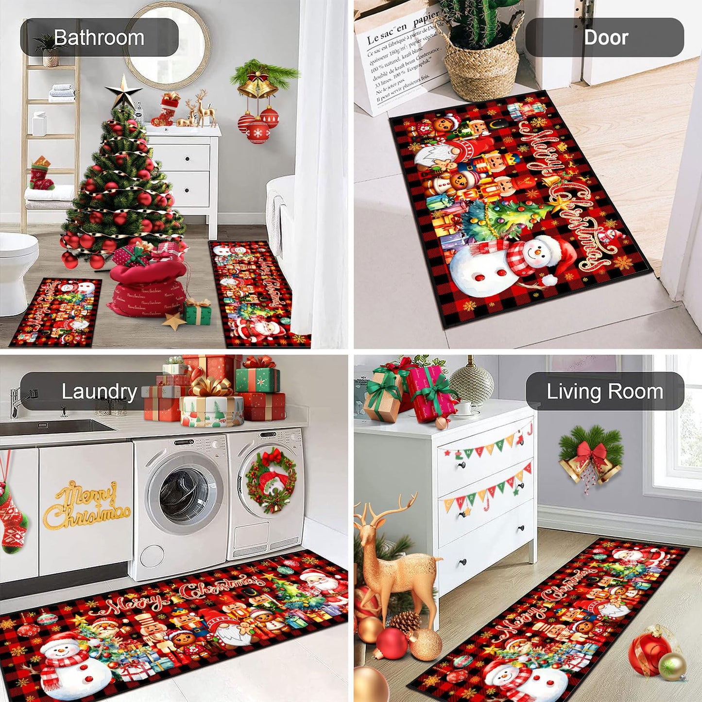 ACZHHZC Merry Christmas Nutcracker Kitchen Rugs and Mats Set of 2, Buffalo Plaid Winter Xmas Holiday Home Kitchen Decor Floor Mats, Washable Non-Slip Sink Carpet (17"x47"+17"x30")