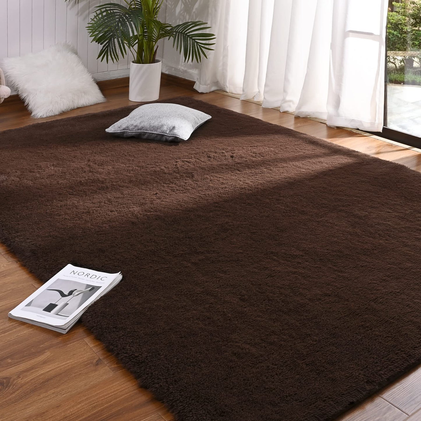 DETUM Fluffy Area Rug Coffee 4x6 for Bedroom Soft Living Room Rug Large Washable and Nonslip Carpets Modern Home Decoration