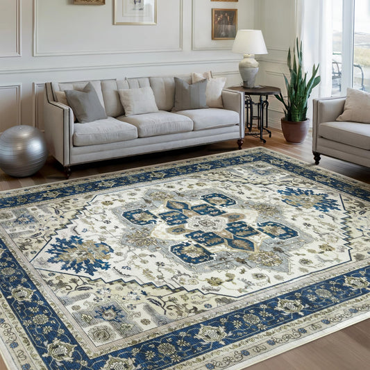 Area Rugs for Living Room 9x12 - Large Machine Washable Vintage Oriental Soft Rug, Low Pile Thin Carpet with Non Slip Backing for Bedroom, Dorm, Under Dining Room Table, Indoor House, Office Decor