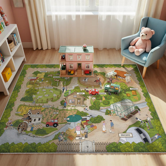 Nayoroom Kids Farm Adventure Play Rug,5x7ft Non-Slip Faux Wool Carpet with Interactive English Words, Educational Travel Map Design for Playroom, Bedroom, Nursery Gift