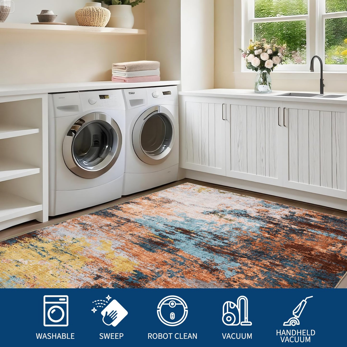 MilleLoom 6x9 Washable Modern Abstract Rug Non Slip Rug Stain Resistant Carpet Contemporary Low Pile Floor Cover for Living Room Dining Room Bedroom, Yellow/ 6'x 9'