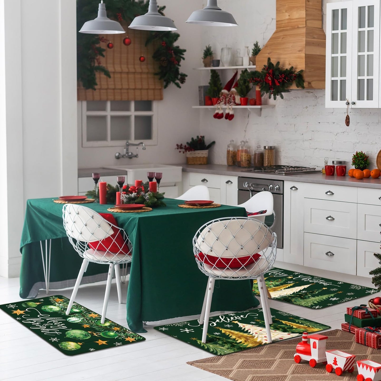 Drydiet 3 Pcs Green Christmas Kitchen Rug and Mat Set Xmas Tree Snowflakes Kitchen Floor Mat Waterproof Non Slip Farmhouse Merry Christmas Doormat Holiday Xmas Decor for Home Office Bathroom Decor