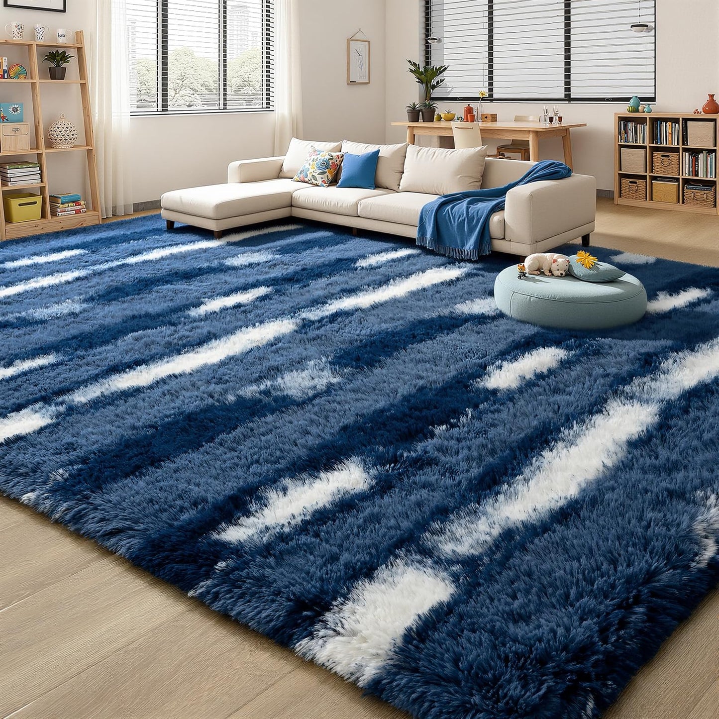 FALARK Shag Blue Striped Area Rug for Boys Room, 4x6 Feet Fluffy Soft Plush Rug for Kids Bedroom Decor, Indoor Non Slip Washable Carpet, Shaggy Carpets for Living Room, Playroom, Nursery