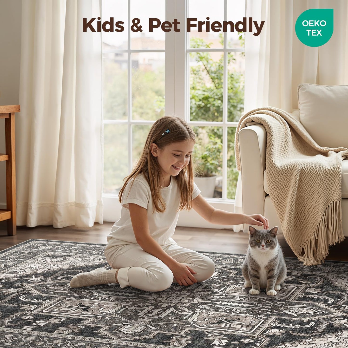 WITSHOCK Living Room Area Rugs 8x10: Washable Rug Boho Soft Non-Slip Low Pile Stain Resistant Foldable Carpet for Bedroom Playroom Dining Room Office Kitchen Farmhouse Home Decor Rug-Bitter Black
