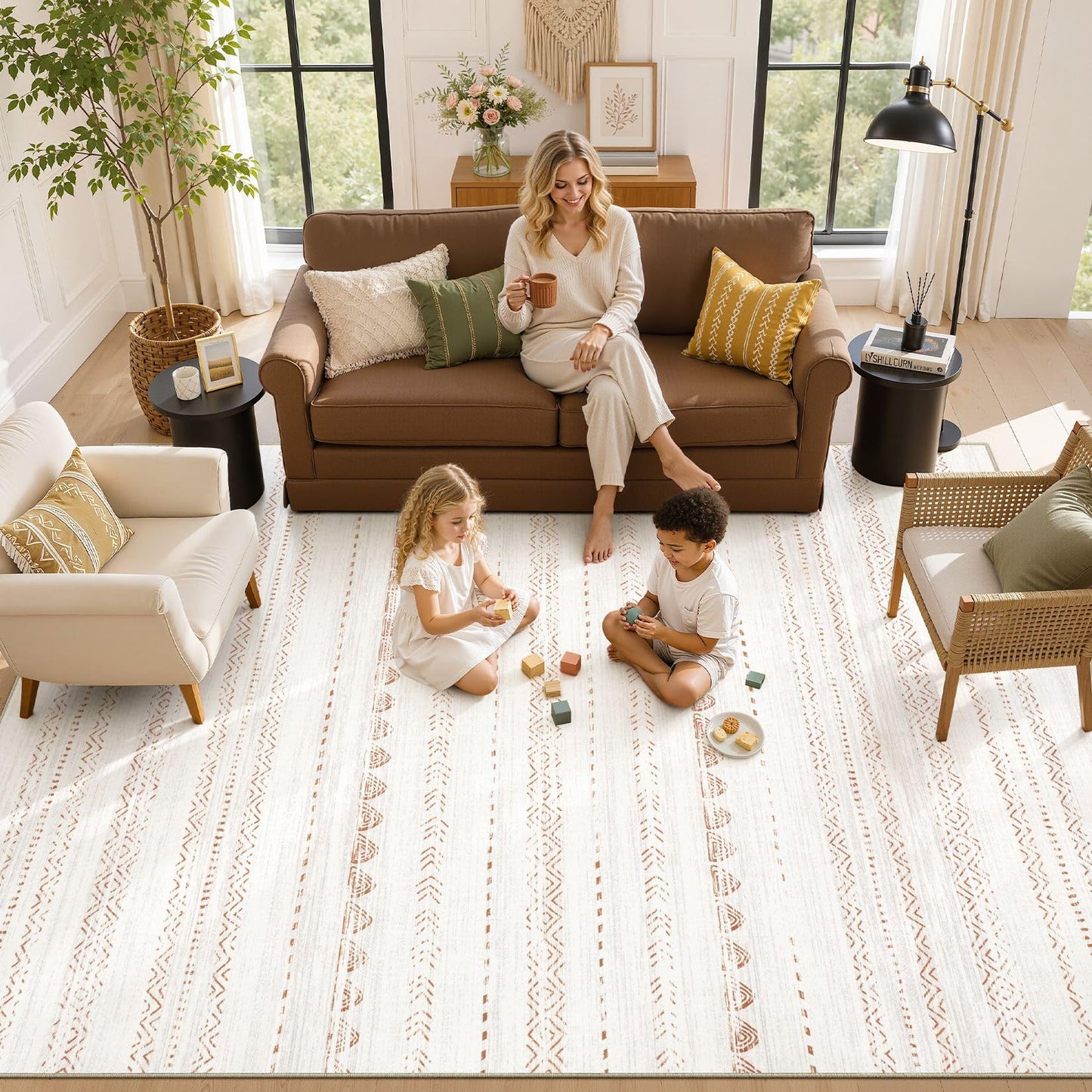 Nakagishi Area Rug Living Room Rugs: 5x7 Large Soft Machine Washable Boho Moroccan FarmNeutral Stain Resistant Indoor Floor Carpet for Bedroom Under Dining Table Home Office Decor-Cream Brown