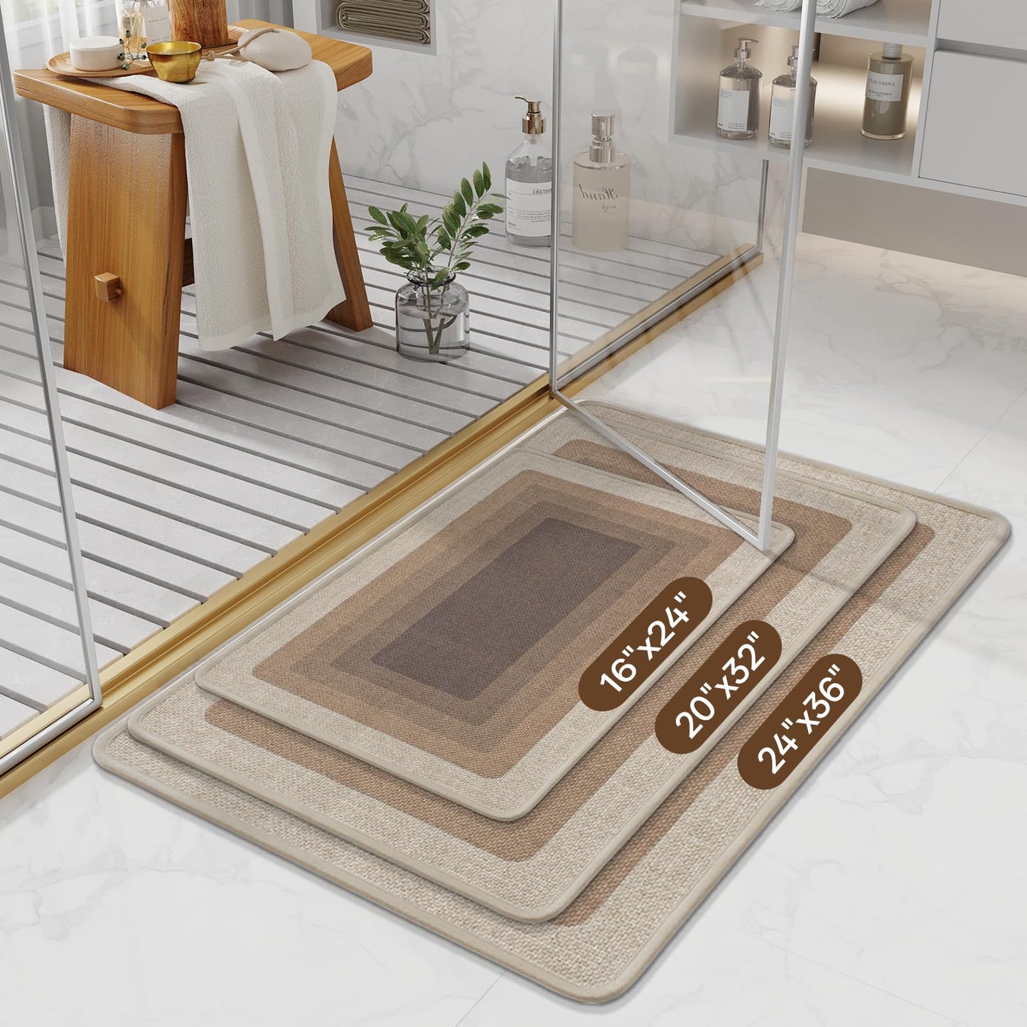 QiCaiJia Ultra Thin Bath Mat Bathroom Rugs, Quick Dry Super Absorbent Washable Bath Shower Mats, Rubber Backing Non Slip Bathroom Rug Fit Under Door, Brown 16x24