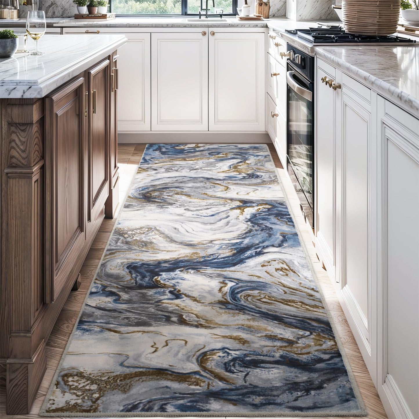 2x8 Runner Rug for Hallways Kitchen Modern Abstract Washable Runner Rug Soft Non Slip Marble Carpet Runner for Laundry Entryway Bedroom Bathroom
