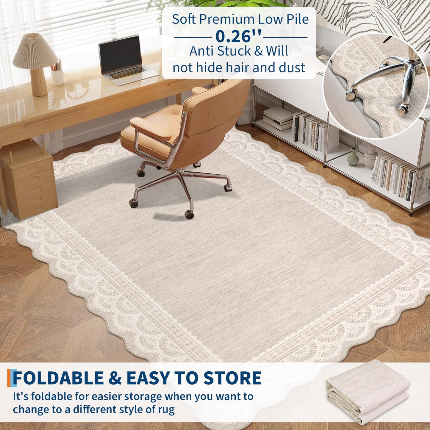 COZYLOOM 8x10 Area Rugs for Living Room Scalloped Lace Border Washable Rug with Non Slip Backing, Non Shedding Low Pile Soft Carpet Stain Resistant Farmhouse Mats for Dining Room, Bedroom, Beige