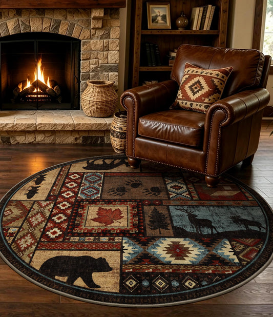 YIHOUSE Rustic Round Rug 4ft, Washable Circle Rug with Non-Slip Backing, Low Pile Soft Western Cabin Rugs for Living Room, Bedroom