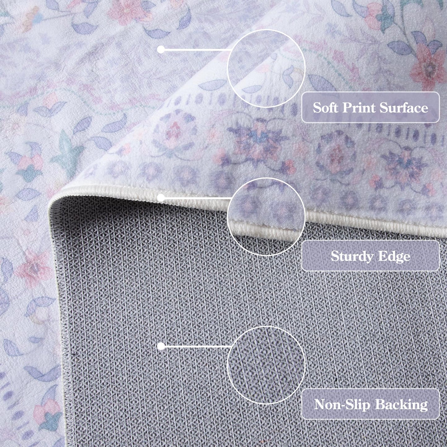 Wonnitar Floral Purple Rug for Bedroom, 8x10 Washable Rugs for Nursery Girls, Boho Low Pile Soft Non Slip Carpet for Dorm Living Room Playroom Home Decor, Pale Purple