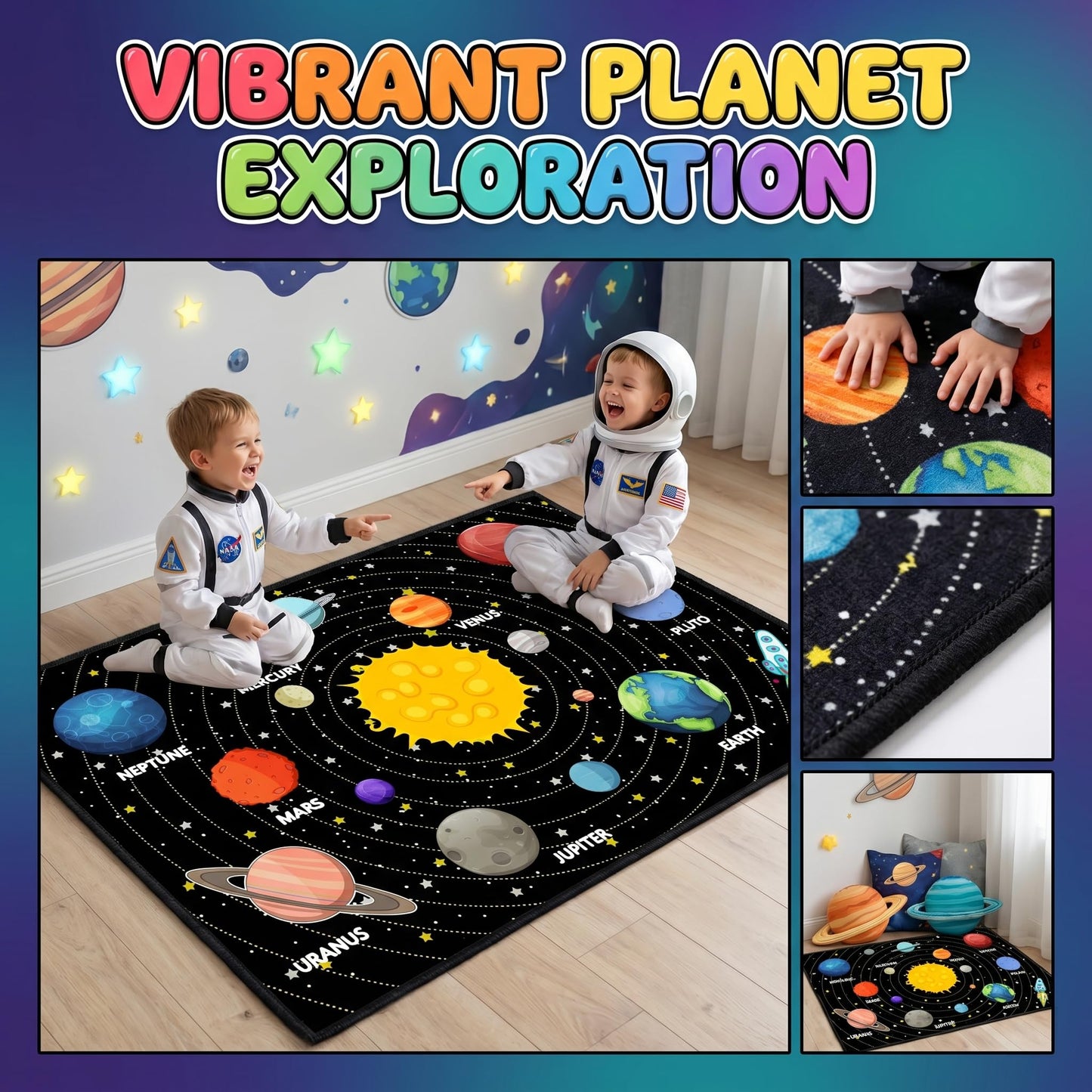 Planet Rug Space Adventure Theme Boys Bedroom Carpet Galaxy Floor Mat with Solar System Planets Galaxy Decor Kids Playroom Educational Rug, 3'×5'