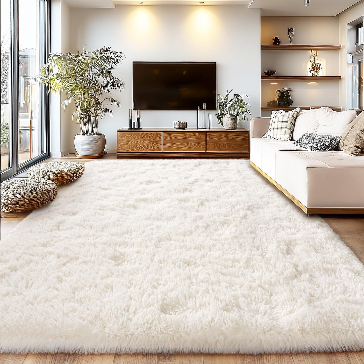 Cream White Plush Rug for Living Room Fuzzy Carpet for Bedroom Dorm, Non-Slip High Pile Rug, Shag Rug for Playroom Nursery Home Office Decor 8X10 Ft