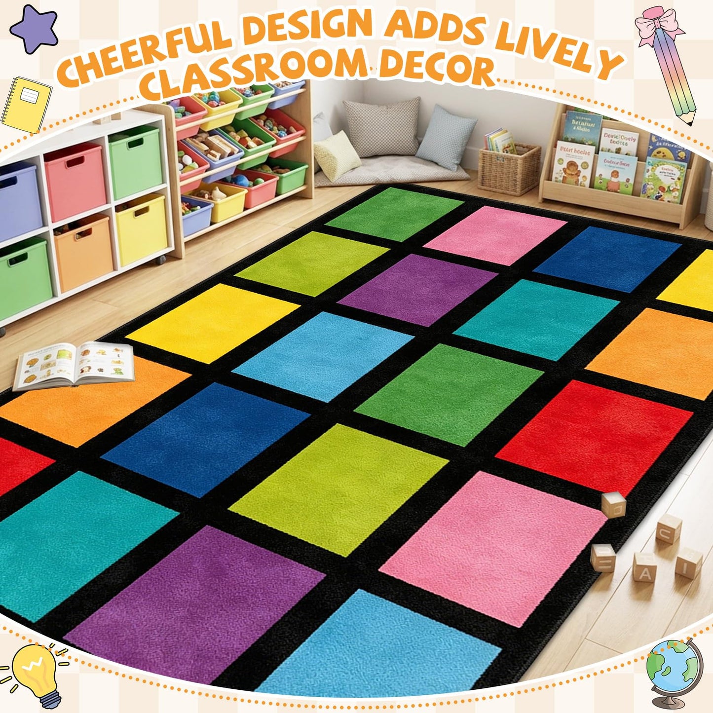 5x7.6 ft Rainbow Color Squares Classroom Rug Happy Squares Educational Area Mat Rainbow Themed Colorful Play Carpet Back to School Learning Mat for Elementary Preschool Nursery(Rainbow Color)