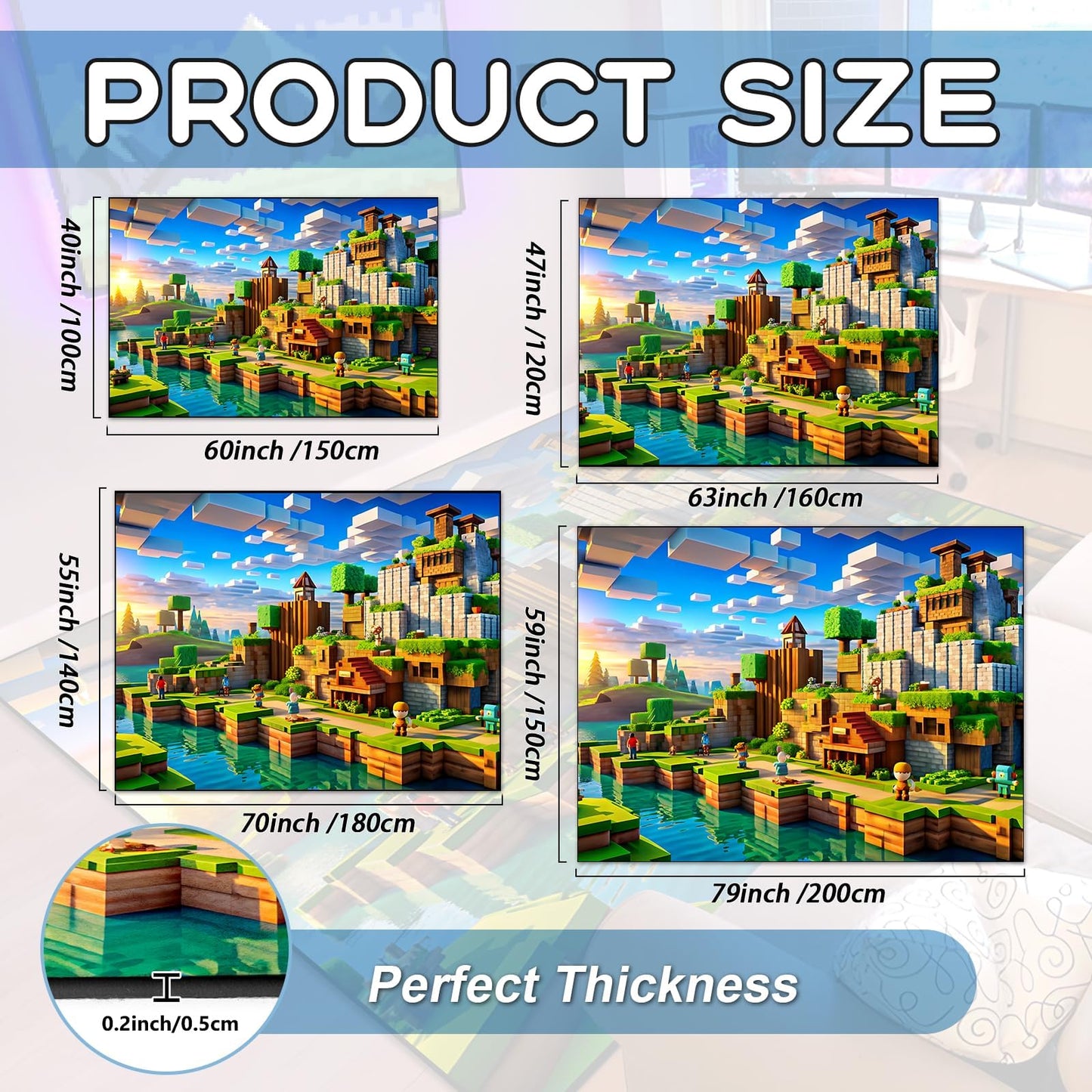 Block Game Rug Teen Kids Carpet, Pixel Games Scene Decoration Mat, Washable Cube Block Game Rugs for Boy's Bedroom Living Room Playroom, Non-Slip Children Gaming Area Rugs, Green Village, 60" x 40"