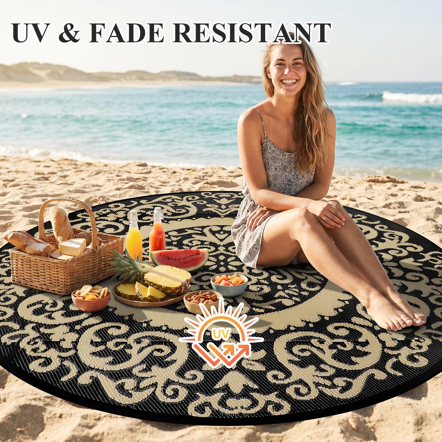Homcomoda Round Outdoor Rugs for Patio 6ft Waterproof Clearance Reversible Patio Rugs Lightweight Outdoor Rugs Plastic Straw Rugs Portable RV Camping Rug Mat for Outdoor Porch Beach BBQ Beach Backyard