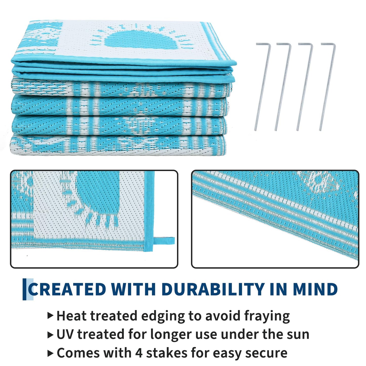 Garvee Waterproof Outdoor Rug 5x8, Cactus Botanical Outdoor Plastic Straw Rug for Camping, Reversible RV Mat Outside, Indoor Outdoor Carpet for Porch, Deck, Backyard, Balcony, Teal Blue