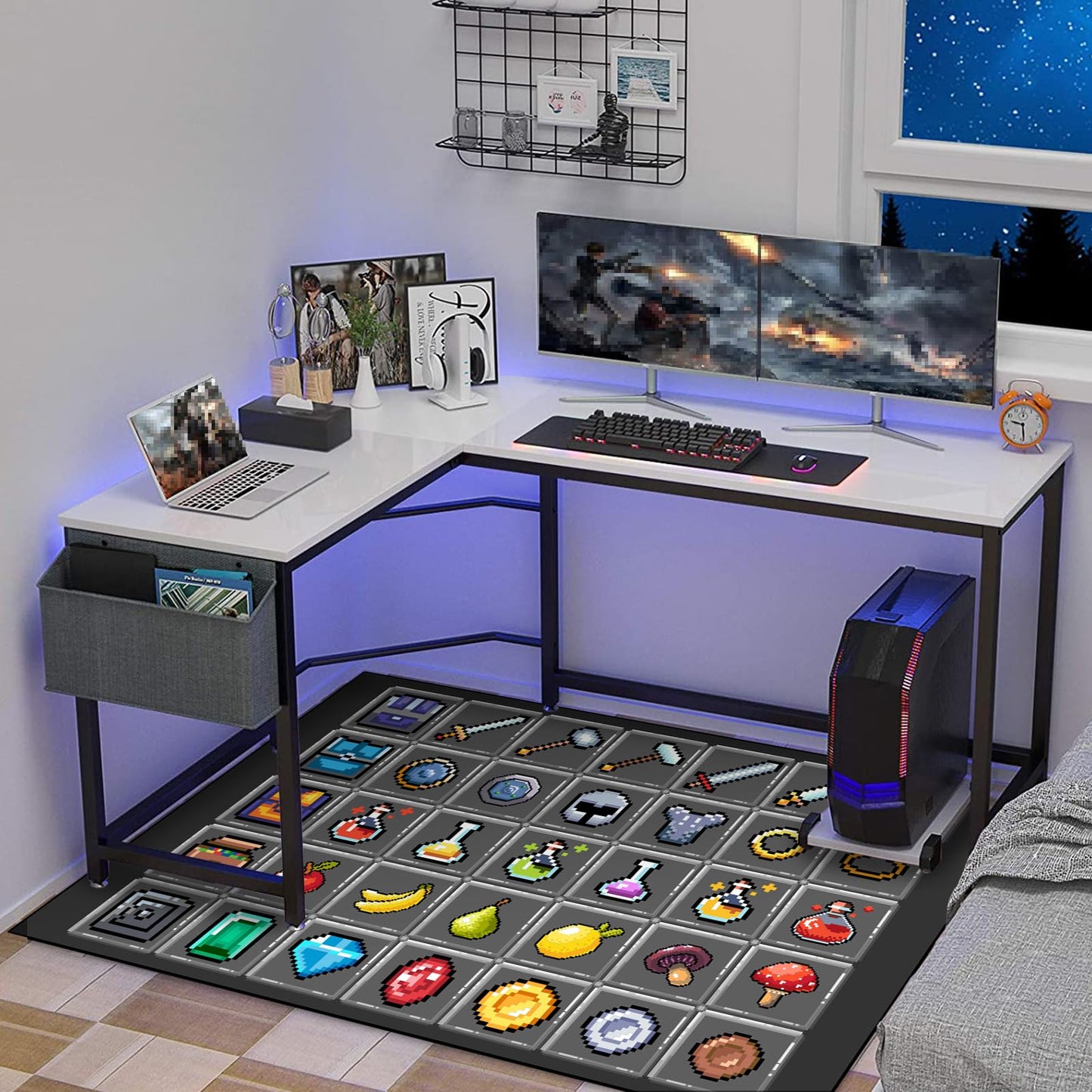 DRVAKO Game Rug Teen Boys Carpet with Pixel Games Element Items Decoration Mat, Weapon Medical Game Rugs for Boy’s Bedroom Living Room Playroom, Non-Slip Children Gaming Area Rugs (Grey, 60" x 40")