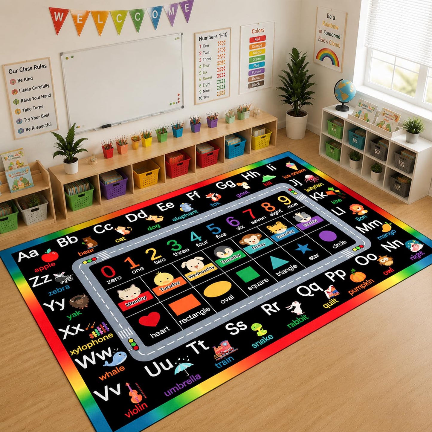 AlaTyche Classroom Rugs for Preschool, Daycare Rug for Classroom,Large Classroom Rug Elementary,Learning Alphabet Educational Rugs for Kids Playroom, Nursery(6'7''x8'7'', Black)