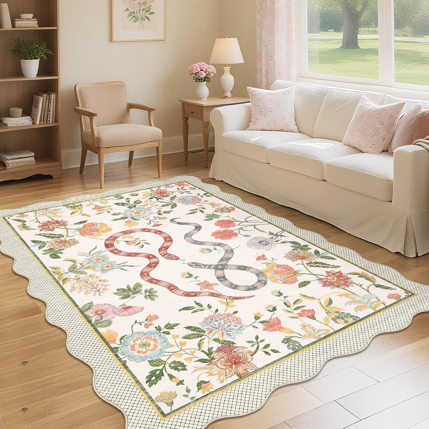 LUXLOOM Large Scalloped Area Rug Washable 10x13 Modern Floral Living Room Rug Soft Non Slip Low Pile Indoor Carpet Stain Resistant Flower Animal Patter Carpet for Playroom Beige