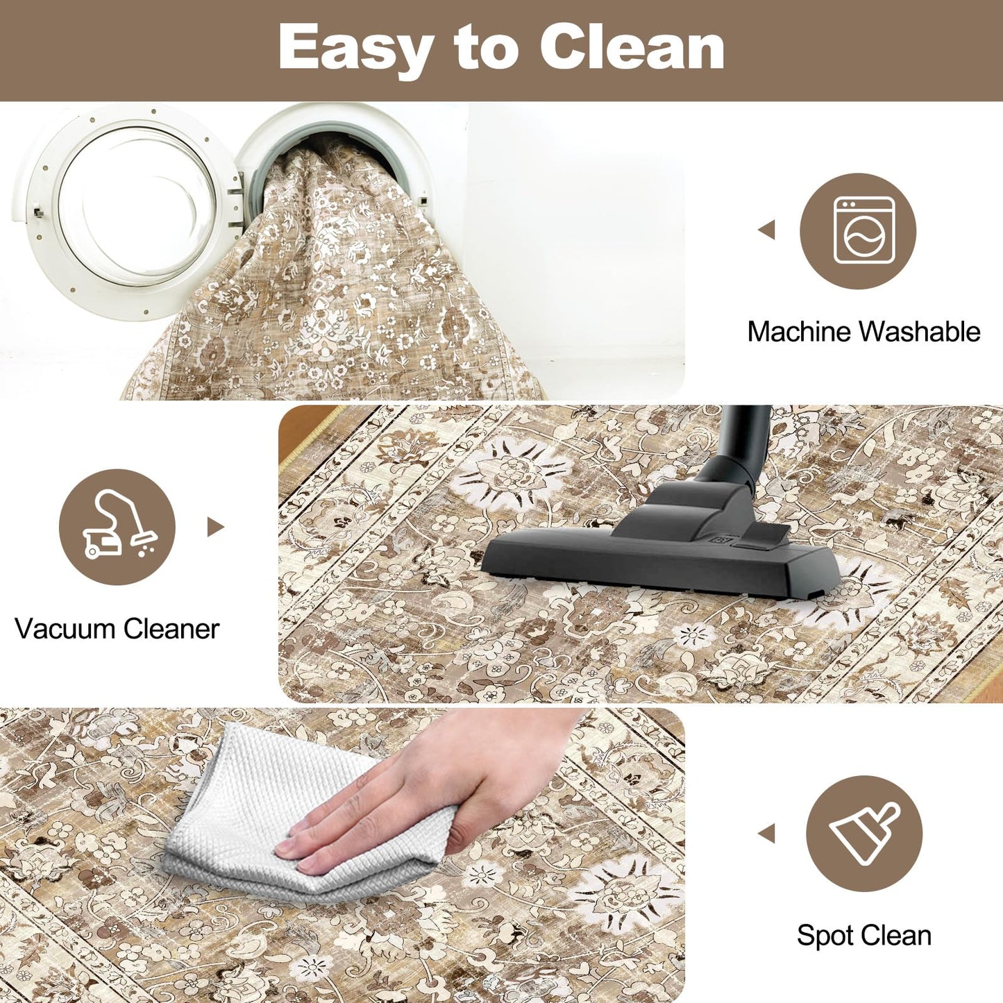 LOKHOM Washable Runner Rug, 2x6 Non-Slip Vintage Hallway Runner Rug with Rubber Backing, Boho Floral Soft Faux Wool Kitchen Rug Carpet Runner for Kitchen Laundry Entryway Bedroom (Beige Brown)