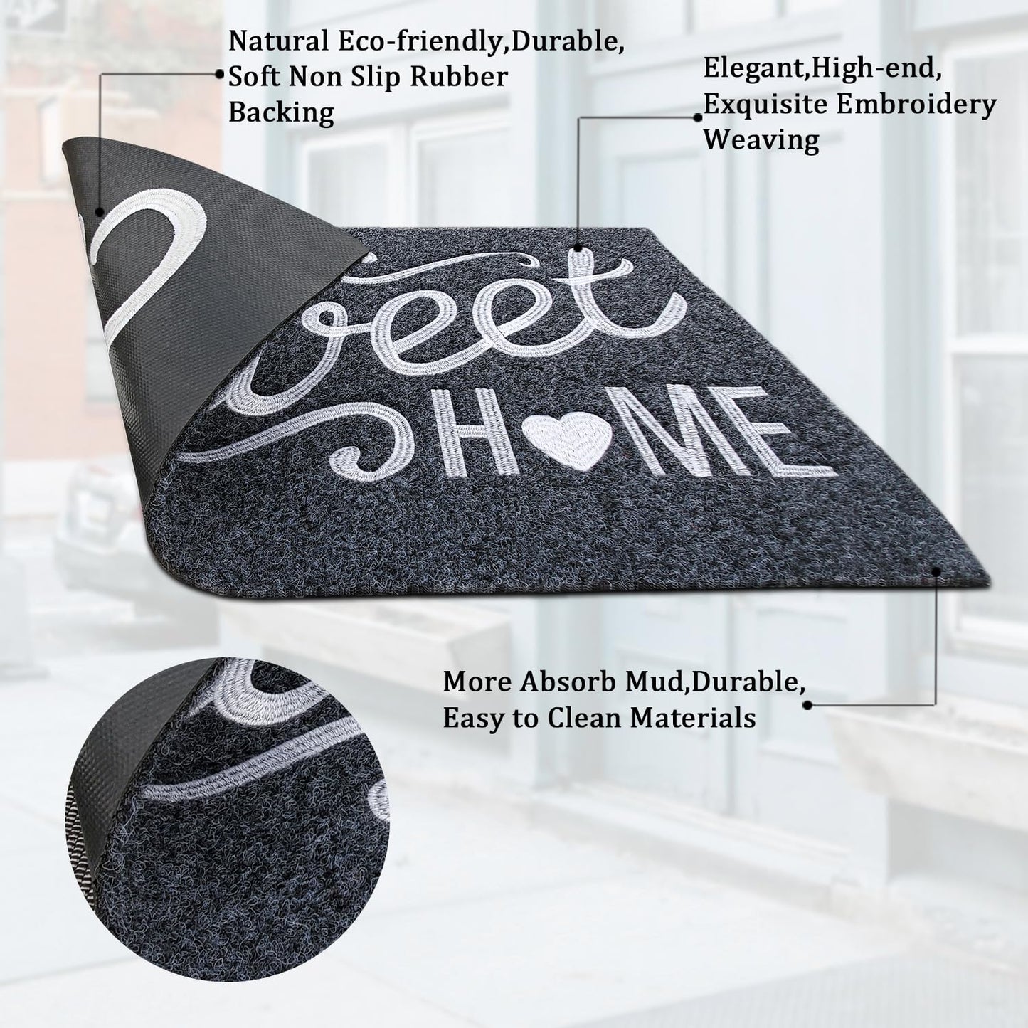 AAZZKANG Front Door Mat Non Slip Welcome Mats Outdoor Indoor Home Sweet Home Doormat with Rubber Backing Easy to Clean Low Profile for Entrance Home Office Porch Grey