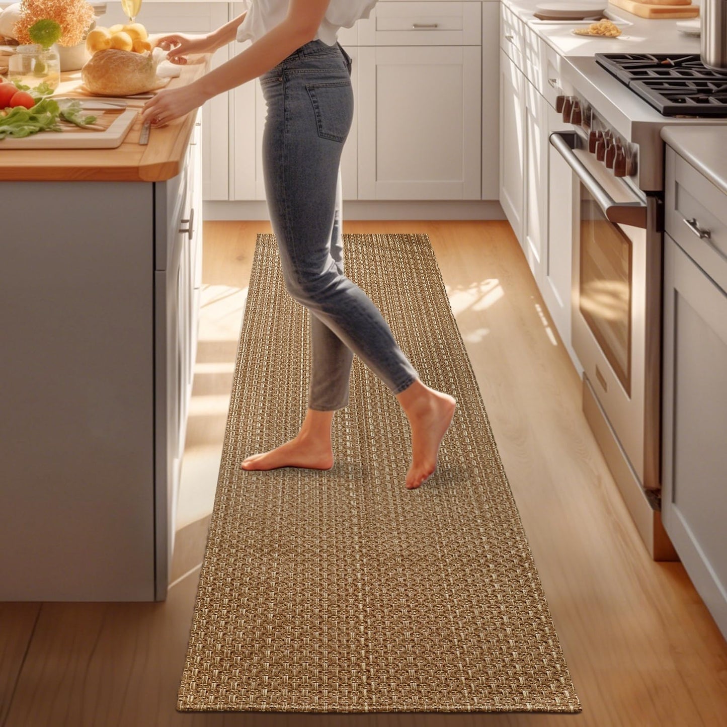 Bathroom Runner Rug,2x6 ft Hallway Runner,Braided Style Kitchen Runner Rugs,Faux Jute Rug with Rubber Backing,Machine Washable Neutral Entryway Runner Non Slip,Tan Brown