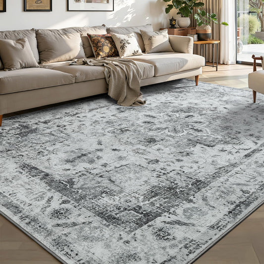YOH Boho Washable Rug 4x6, Light Gray Vintage Non Slip Area Rug, Distressed Indoor Carpet for Living Room Bedroom Kitchen Office