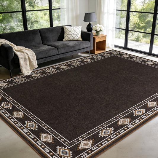 QDUIDU Large Area Rug for Bedroom Living Room, 5x7 Feet Ultra Soft Brown Rugs Washable Modern Geometric Bordered Non Slip Low Pile Carpets Home Decor