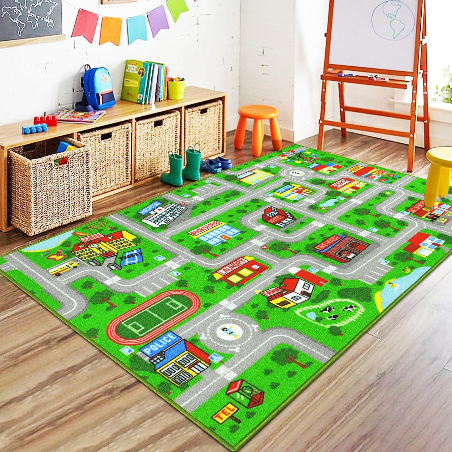 Capslpad Green Car Road Kid Rug Carpet Playmat for Playoom Traffic Road Kids Play Mat for Toddler Non Slip Washable City Map Race Track Carpet Rug for Kids Room Bedroom Nursery Room Decor,5.2'x3.3'