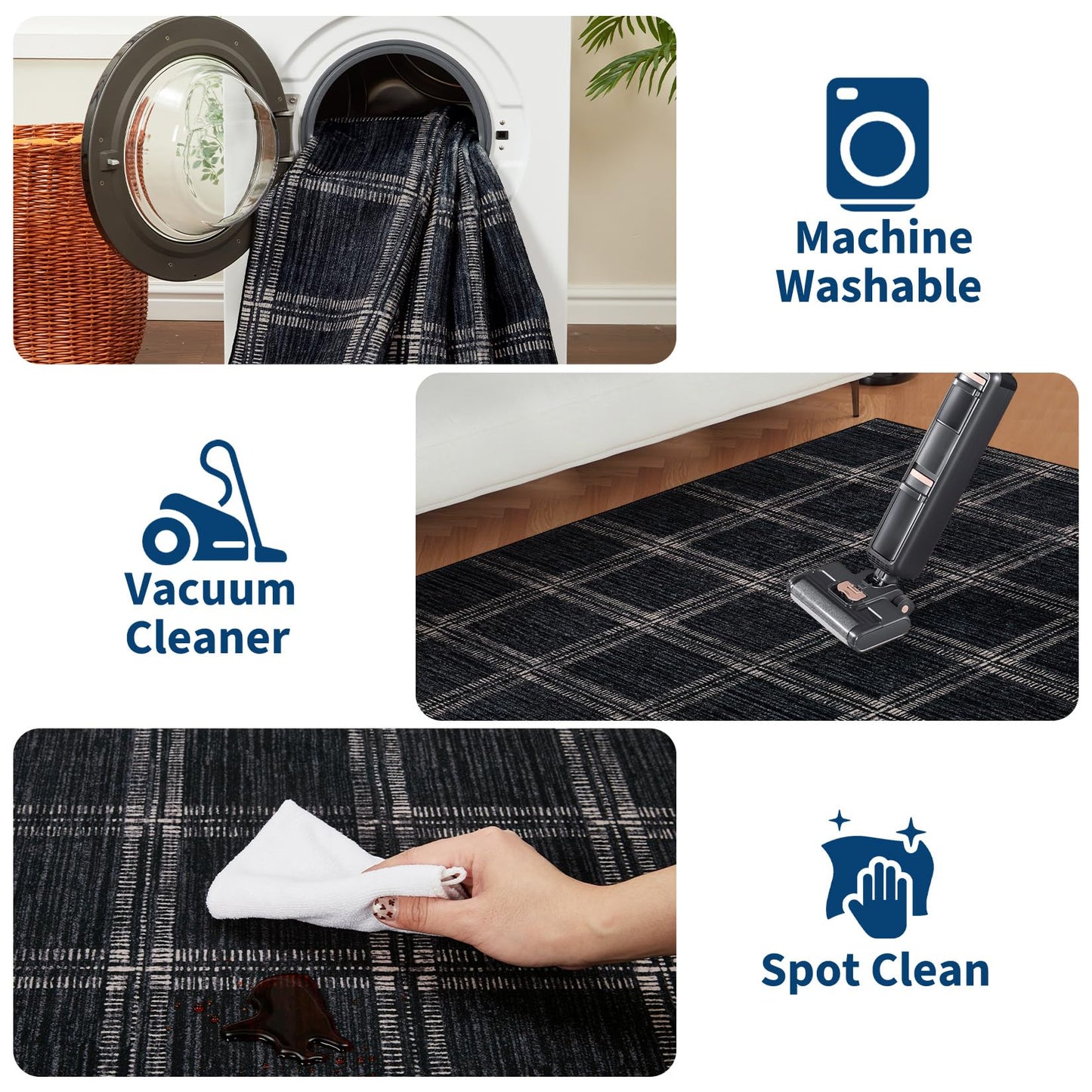 MilleLoom Washable Black Checkered 5x7 Area Rug, Ultra Thin Soft Non Slip Geometric Living Room Bedroom Rugs, Low Pile Stain Resistant Indoor Modern Throw Carpet for Dining Room Office