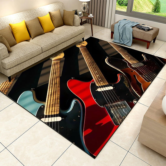 Musical Instrument Carpet for Bedroom, 5x6ft, Electric Guitar Bass Music Classroom Carpet, Durable Home Decorative Rugs, Low Pile No Crease Washable Area Rug for Living Room Runner