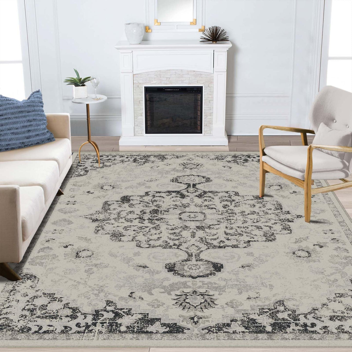 LOOMY Area Rug 8x10 Washable Rug Gray Vintage Traditional Mat Distressed Indoor Foldable Thin Retro Accent Floral Non Slip Carpet Living Room Dining Room Office