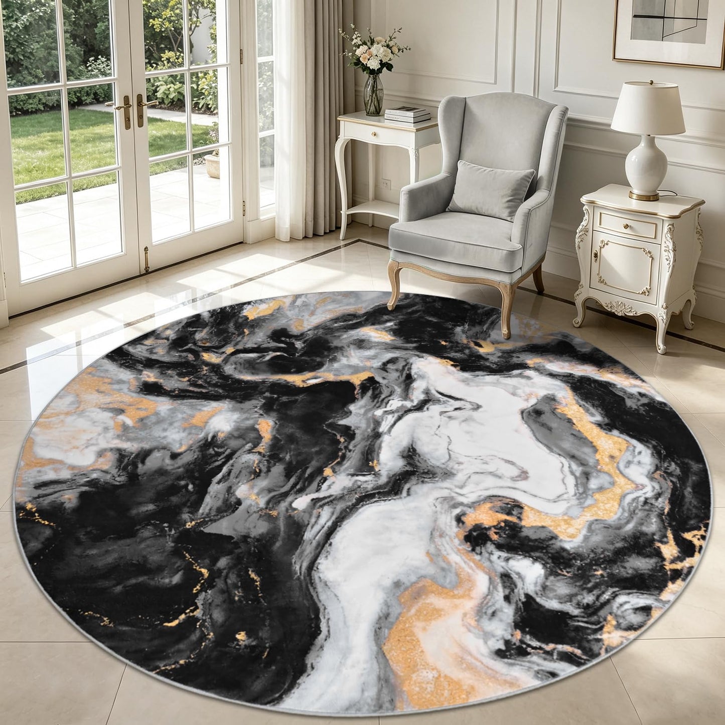 Yinhua Washable Round Rug 6ft, Circle Black and Gold Rug Non Slip, Soft Faux Wool Marble Rugs Non Shedding, Low Pile Abstract Area Rugs, Stain Resistant Carpet for Dining Room Table Nursery