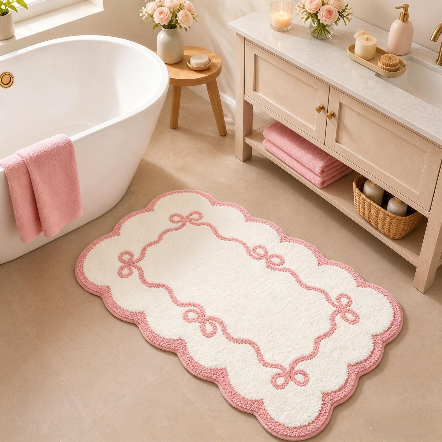 Softania Pink Scalloped Bow Bathroom Rug - 20x32 Inch Cute Coquette & Preppy Bath Mat for Apartment, Vanity & Dorm, Soft Plush Microfiber Mat, Non-Slip & Washable