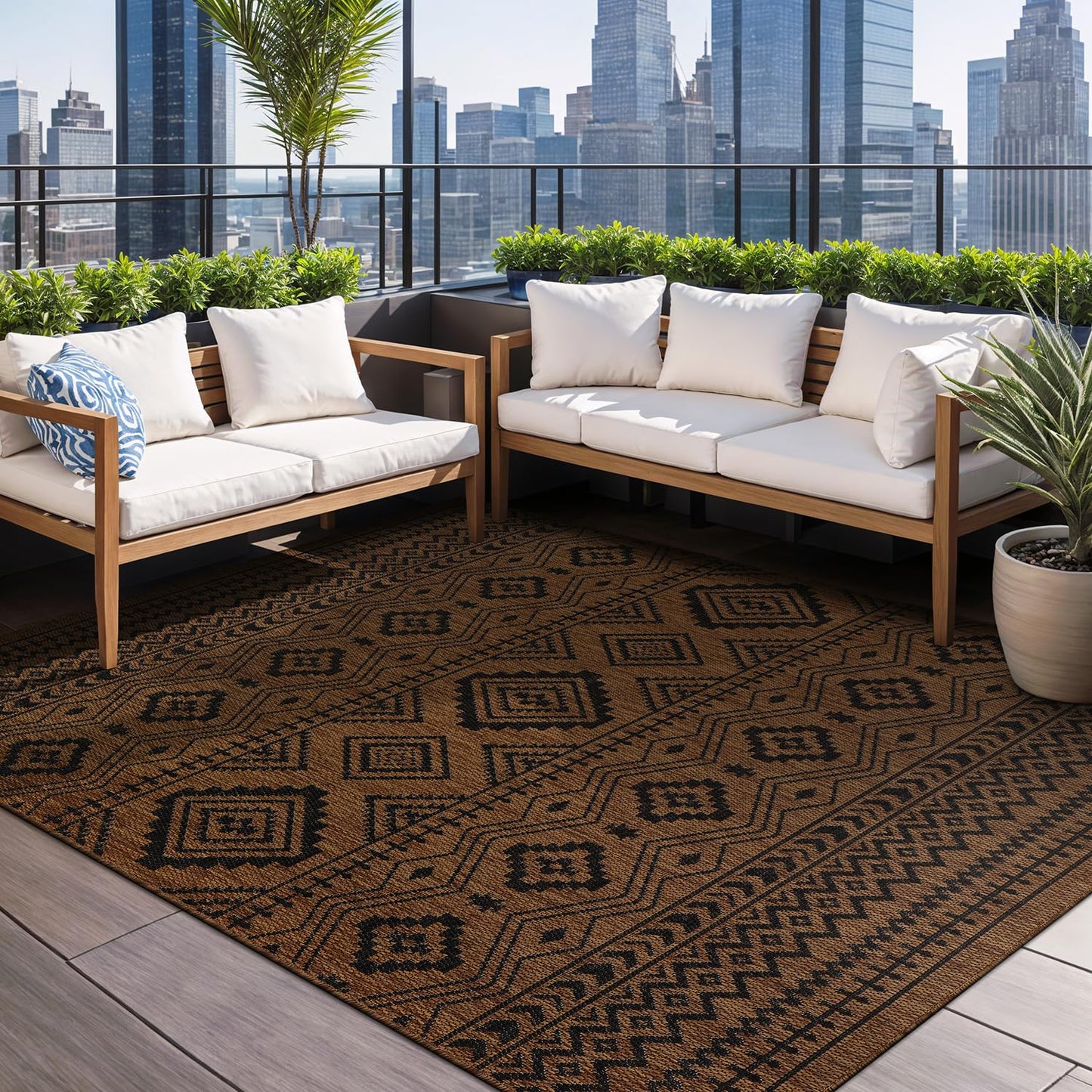 Beverly Rug Waikiki Boho Indoor Outdoor Rug 5x7, Washable Outside Carpet for Patio, Deck, Porch, Bohemian Area Rug, Farmhouse Rugs, Aztec Tribal Rug, Nut Brown and Black