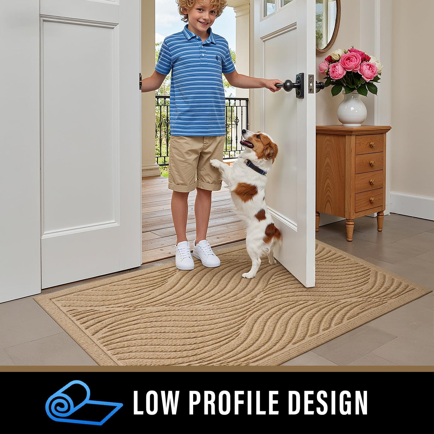 PLEASOR Front Door Mat Outside Entrance, Absorbent and Dirt Resistant Welcome Mat Indoor Outdoor, Non-Slip Backing Entry Mat, Fade Resistant, Easy Clean Low Profile Doormat for Entryway, 29x17, Beige