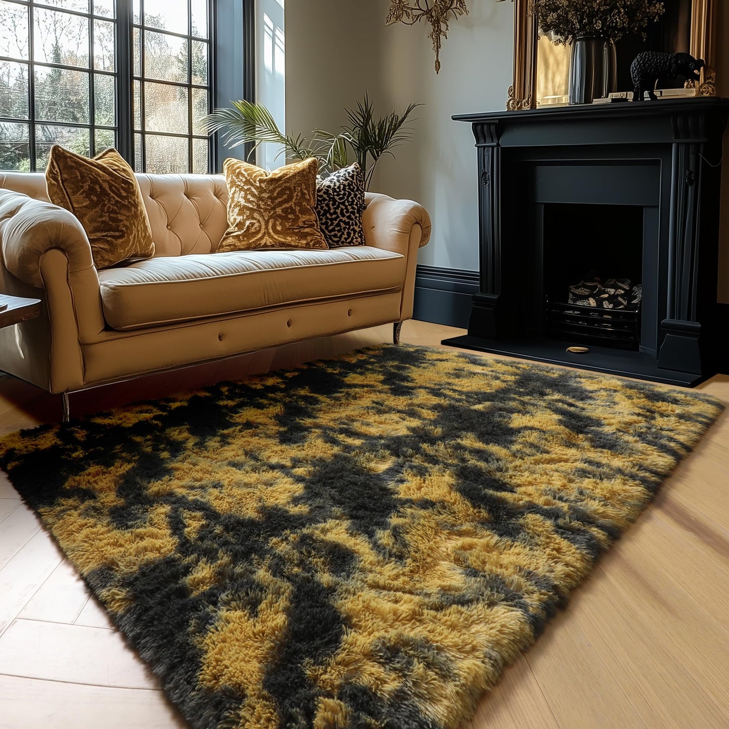 Amdrebio Black Gold Yellow Grey Rugs for Bedroom Living Room Decor, Fluffy Furry Fuzzy Shaggy Area Rug 4x6 for Kids Room Dorm Home Office, Modern Cool Leopard Cheetah Shag Carpet for Teen Boys Men