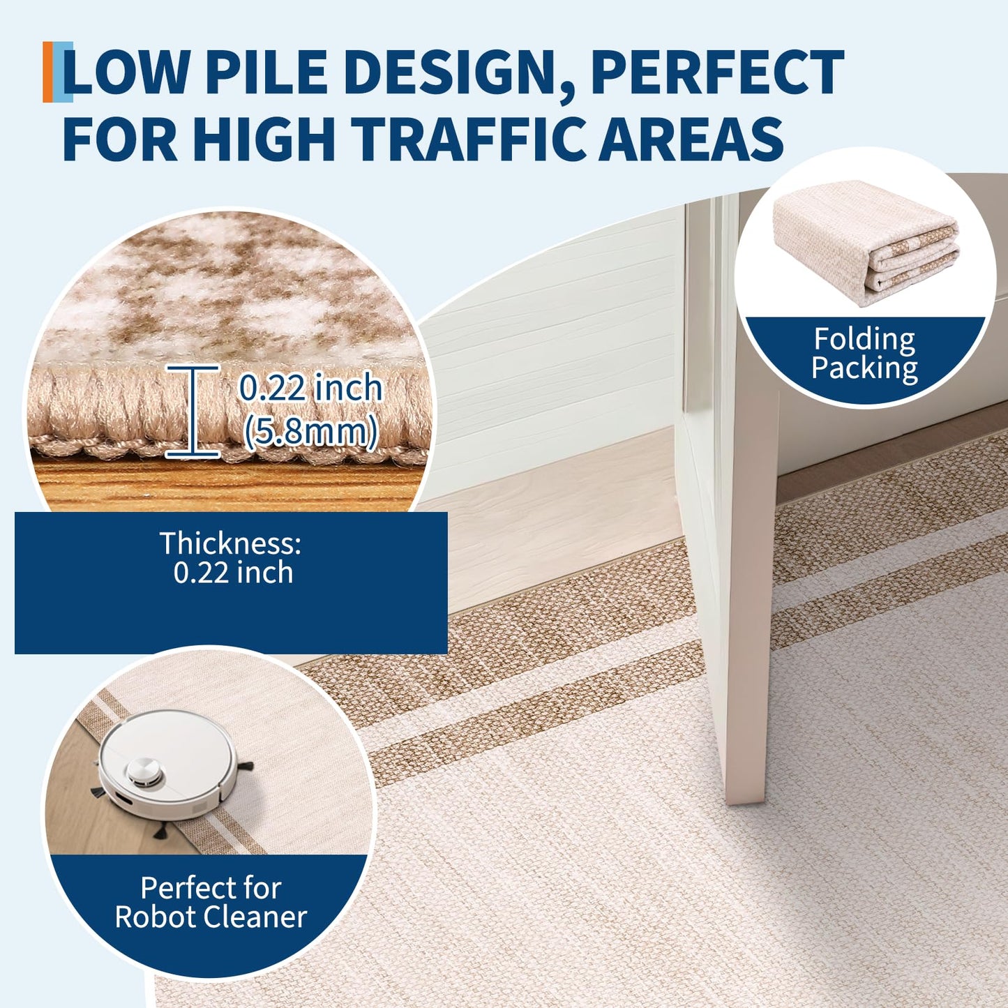 GarveeHome Living Room Area Rug 8x10 Washable Rugs Modern Solid Border Throw Carpet with Rubber Backing Low Pile Stain Resistant Dining Room Rug Contemporary Bordered Carpet for Home Office,Beige