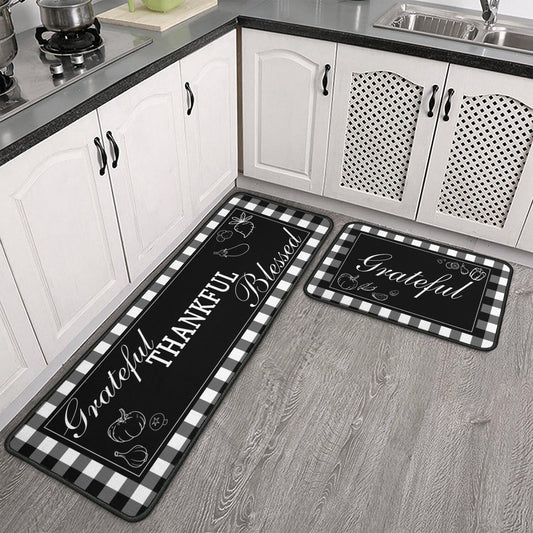 Buffalo Plaid Kitchen Rugs 2 Pieces Set, Grateful Thankful Black White Vintage Farmhouse Home Kitchen Rugs and Mats, Washable Non Skid Absorbent Microfiber Kitchen Floor Decor Mat 17"x 47"+17"x 30"